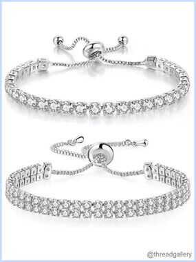 2Pcs White Gold-Plated Tennis Bracelet with Cubic Zirconia, Adjustable